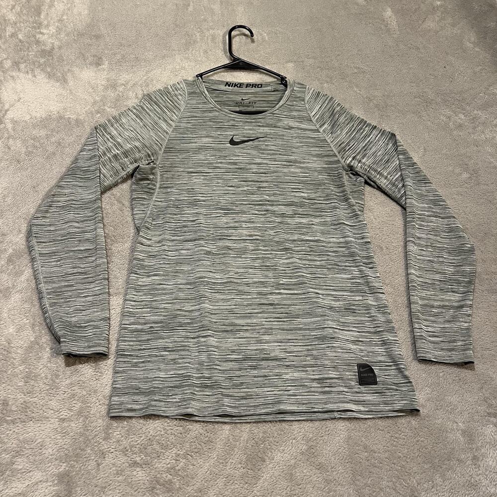 Nike Pro Dri-FIT Fitted Shirt Mens Small Gray Stripe Long Sleeve Training Top